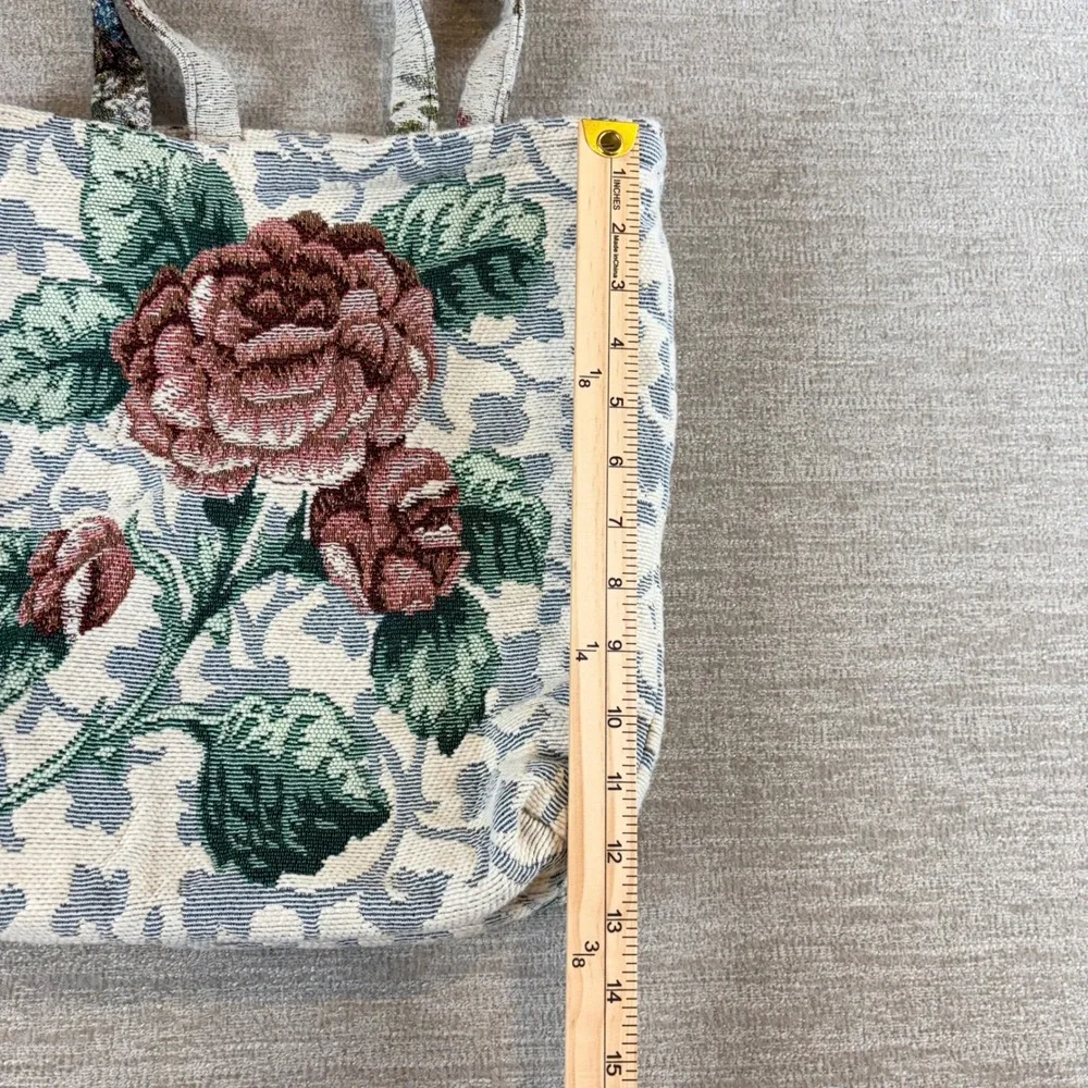 Vintage Floral Tapestry Tote Bag Woven Rose Cottagecore Burgundy Lined Handbag